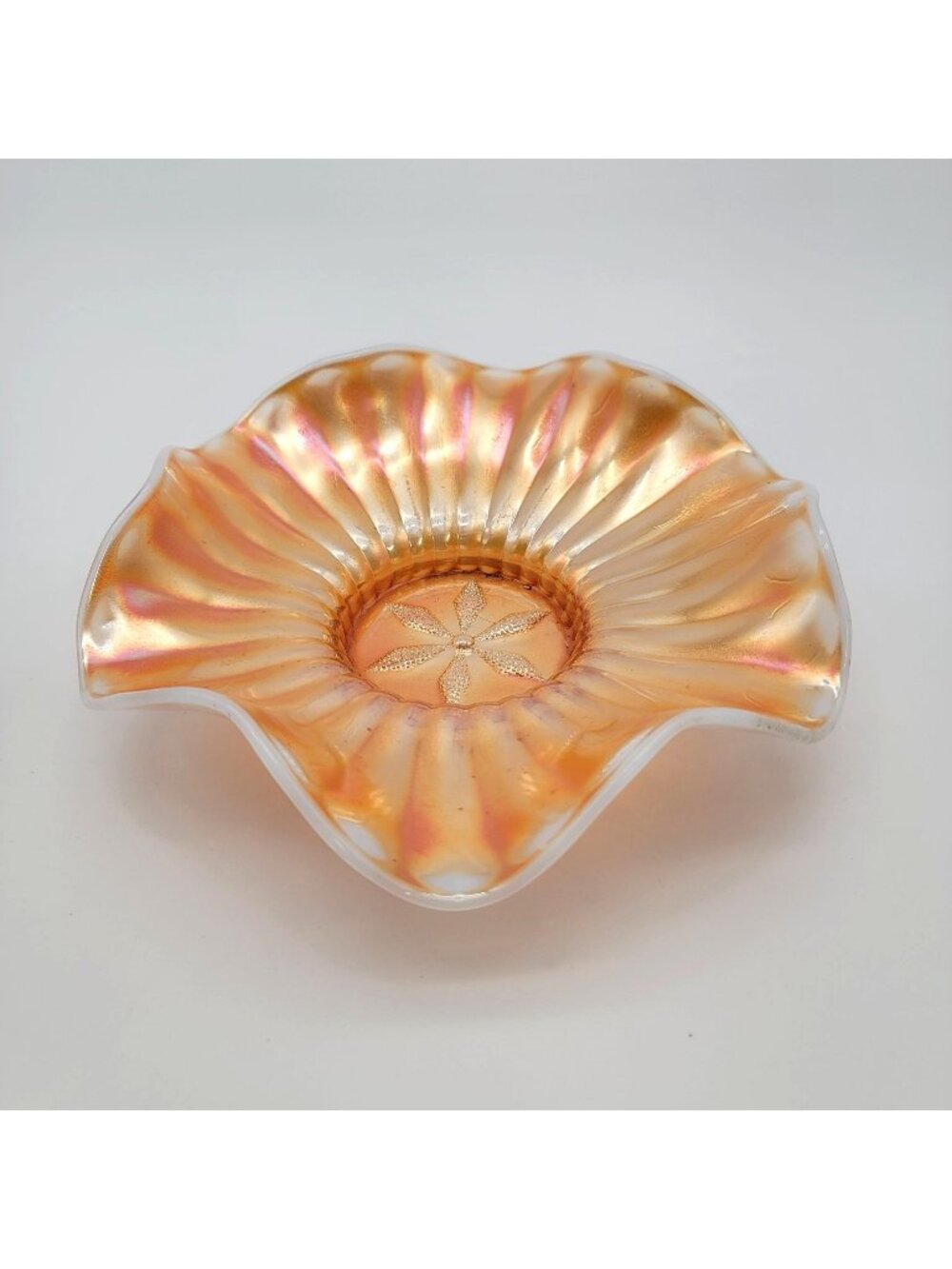 Antique Dugan Cosmos Varient Carnival Glass Peach Opalescent Bowl